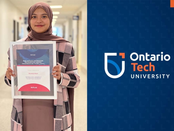 Rushda Khan, second-year Software Engineering student, Ontario Tech University displays her 2023 Actua Instructor Recognition Award.